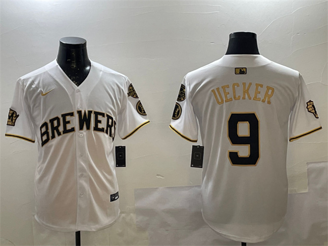 Men's Milwaukee Brewers #9 Bob Uecker White/Gold With Home Patch Limited Stitched Baseball Jersey Men's Milwaukee Brewers #9 Bob Uecker White/Gold With Home Patch Limited Stitched Baseball Jersey